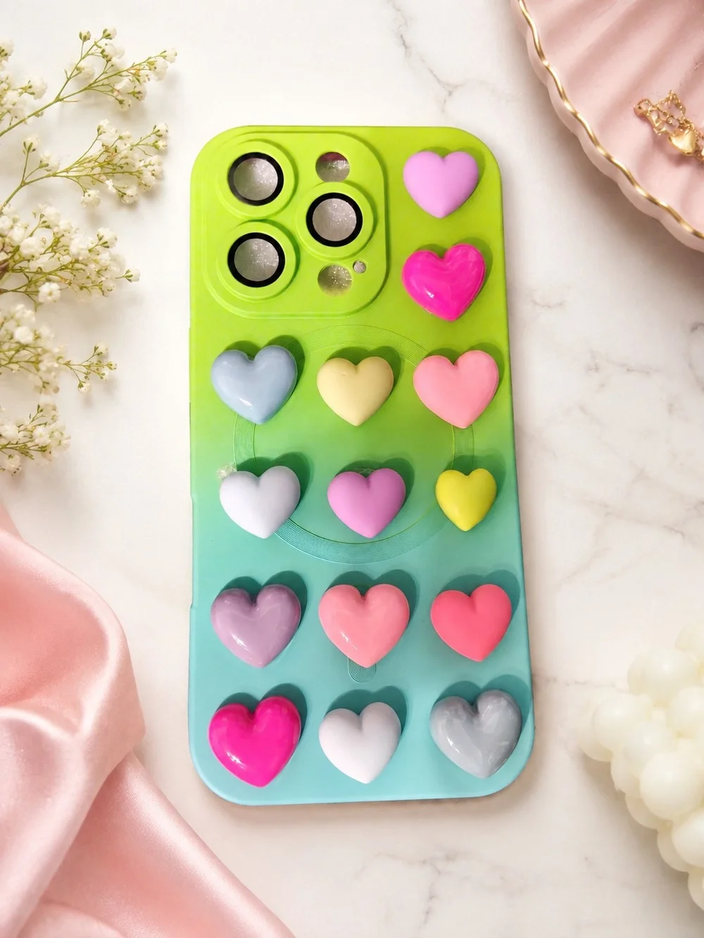 Cute Heart Pop-It Gradient Phone Case - Lime Green to Aqua